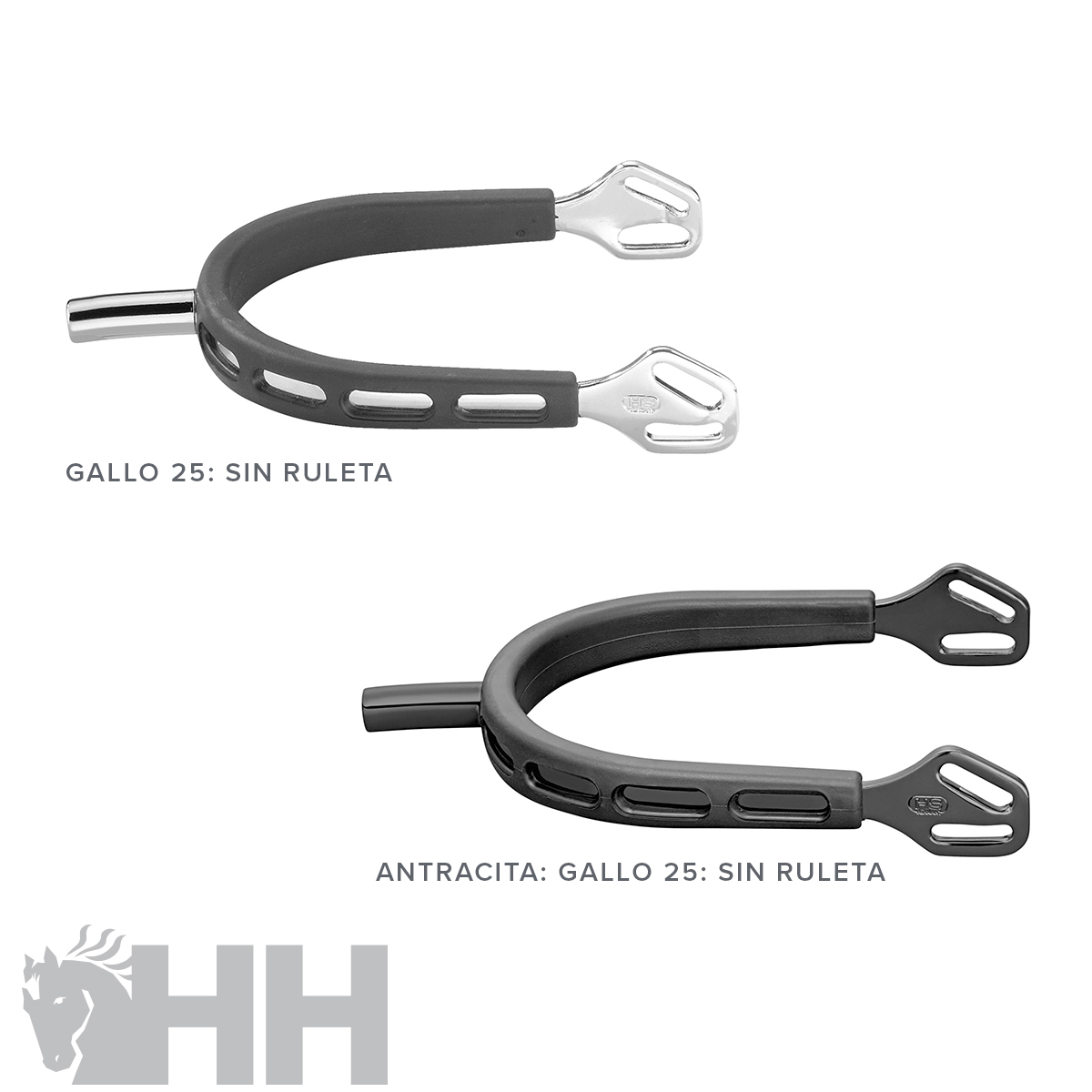 Duas esporas metálicas com proteção preta e texto explicativo acima