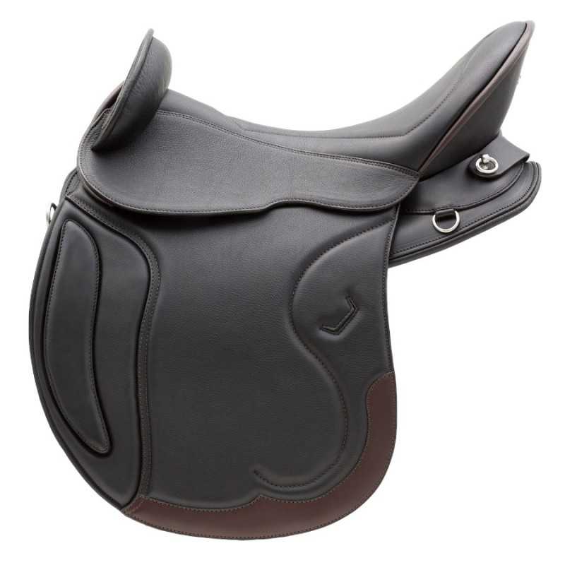 Sela de cavalo em couro preto e castanho com argolas metálicas
