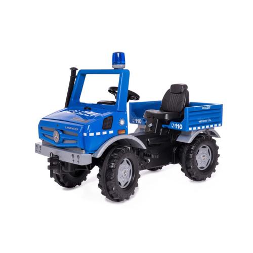 Brinquedo de trator azul estilo polícia com pneus grandes