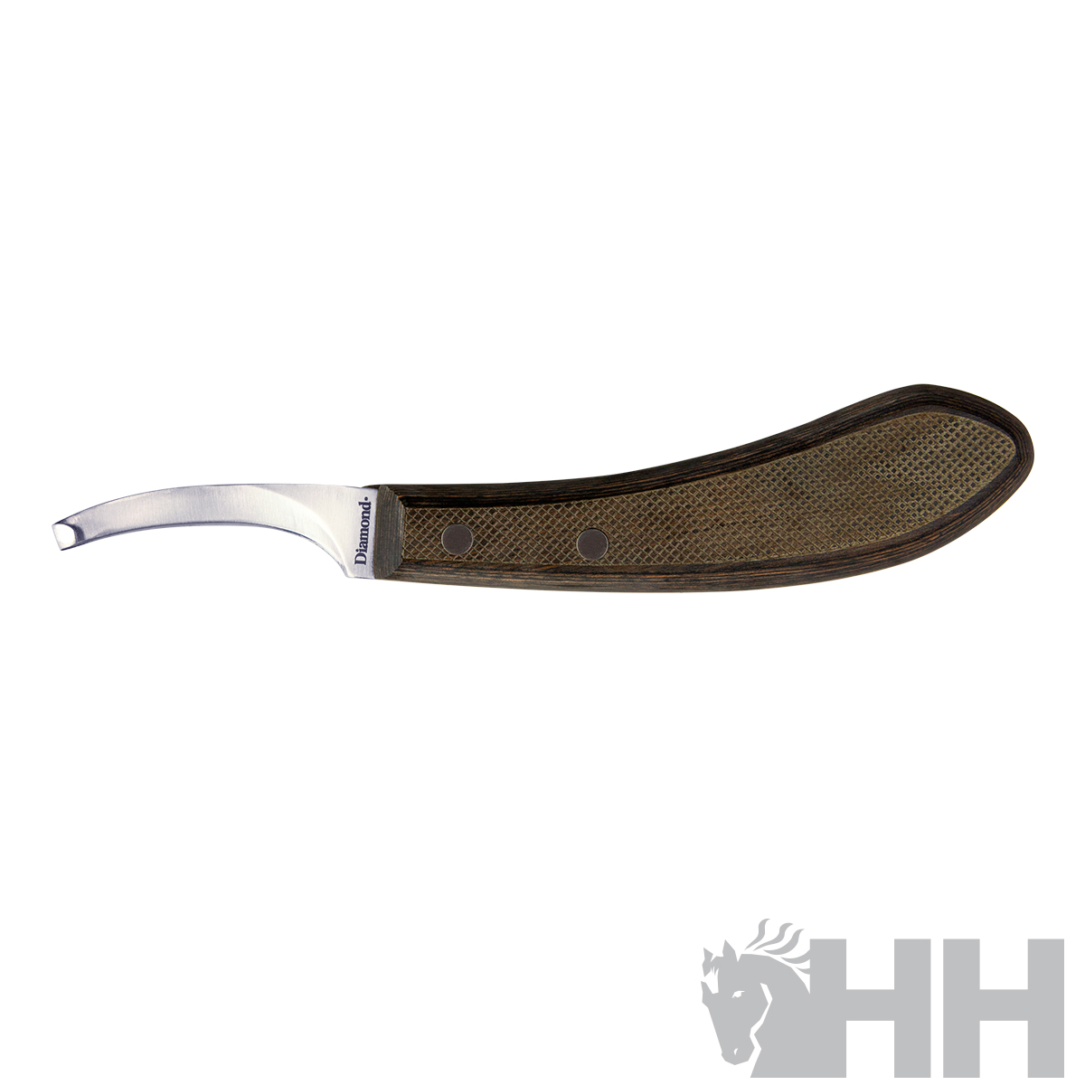 Faca de lâmina curva com cabo castanho texturizado e etiqueta 'Diamond'