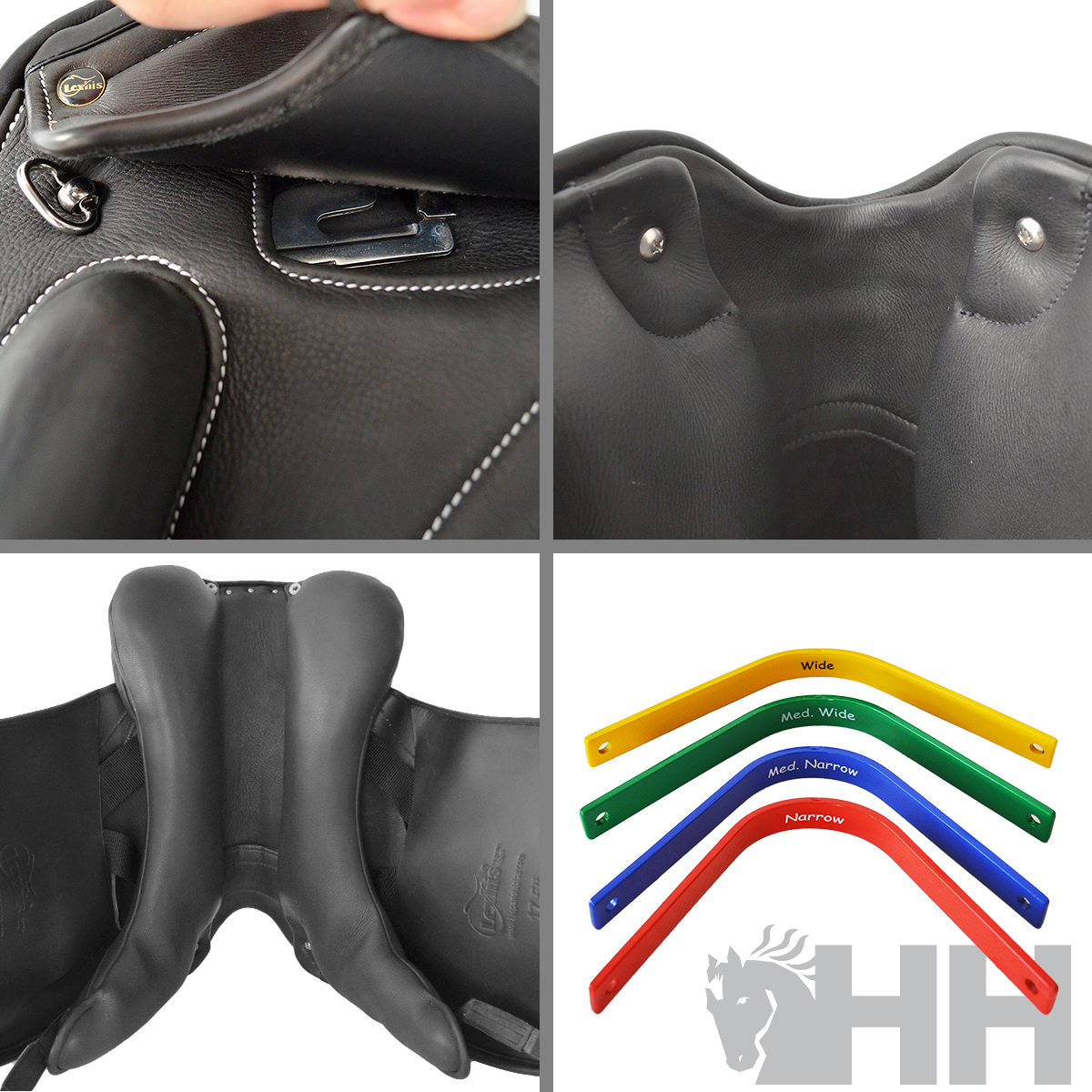 Sela de equitação preta em couro com costuras brancas e conjunto de arcos coloridos etiquetados