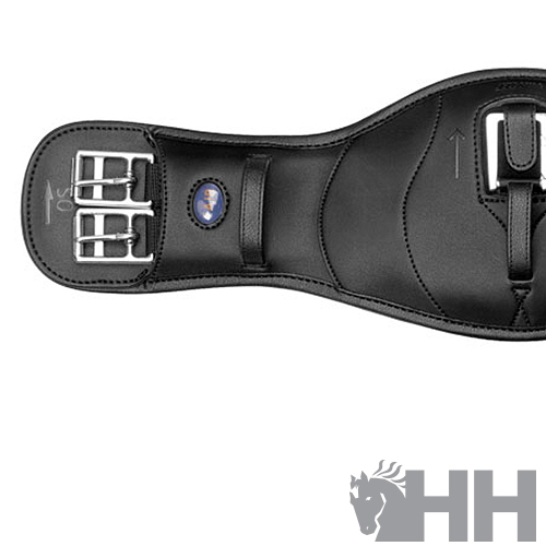 Correia de sela preta em couro com fivelas metálicas e logo HH