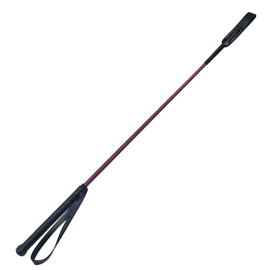 Chicote para equitação com cabo e pegas em couro preto e haste vermelha