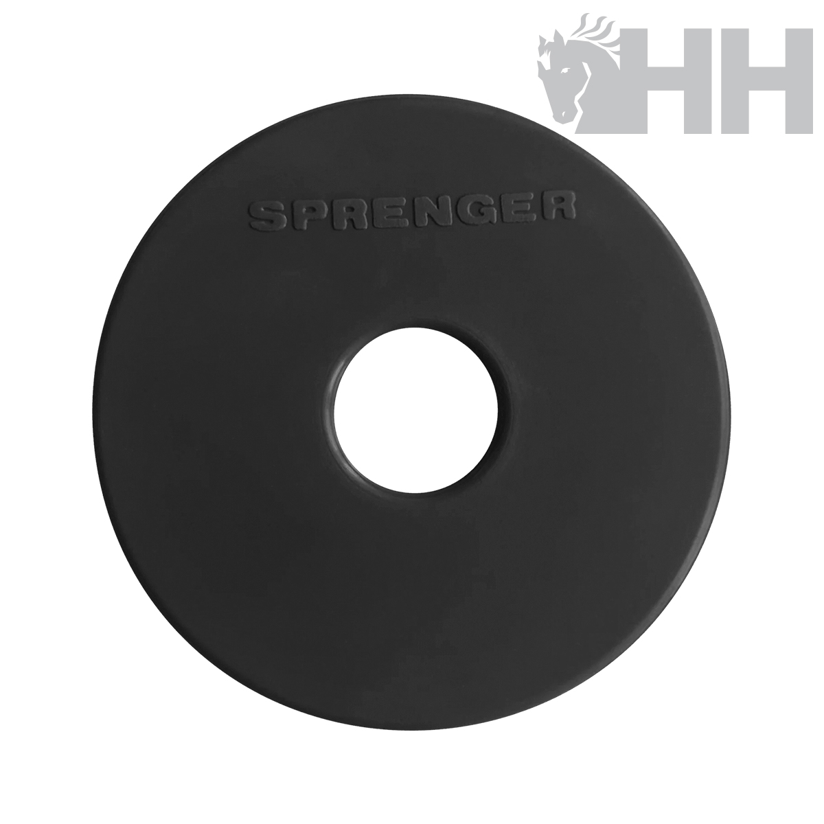 Disco de exercício preto com letra SPRINGER em relevo