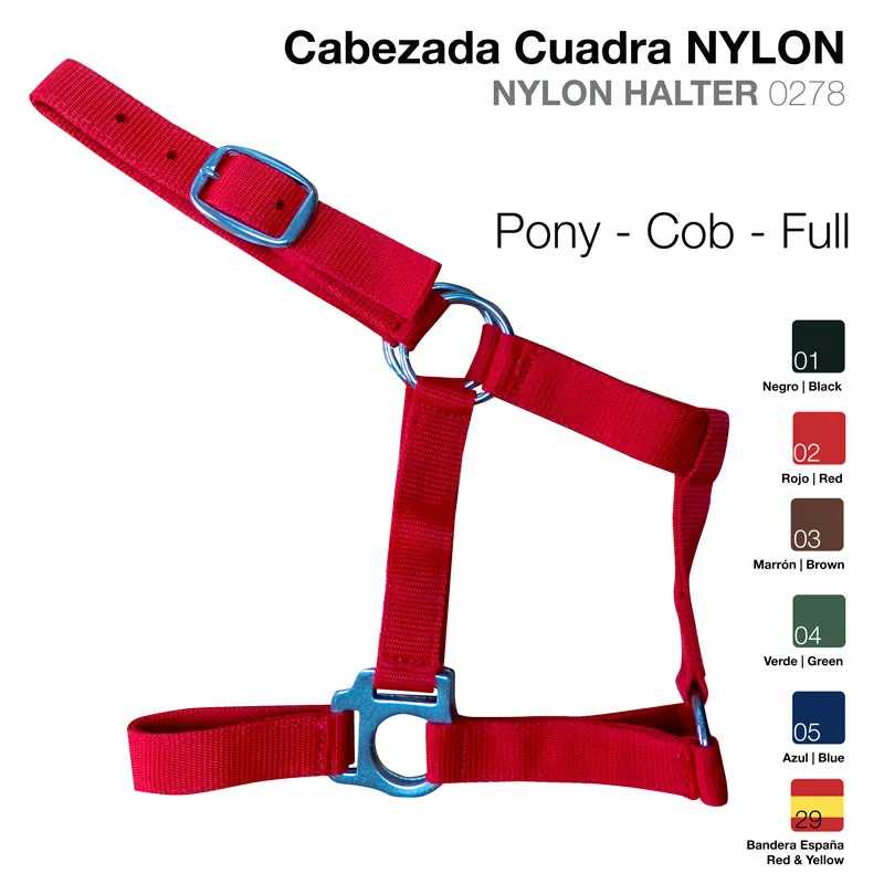 Cabeçada para cavalo em nylon vermelho com fivelas metálicas azuis e texto informativo