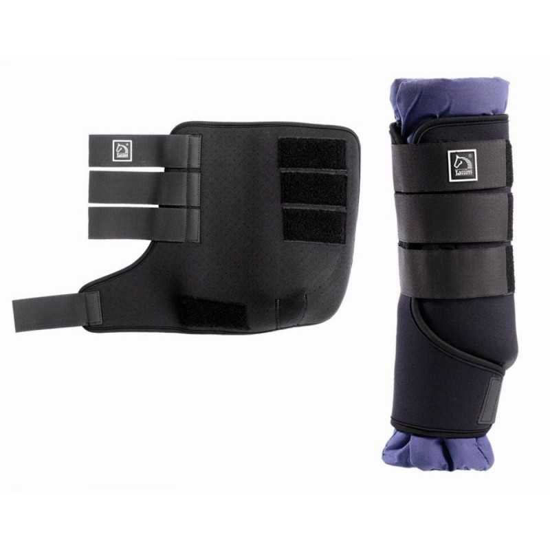 Duas ligaduras de apoio ajustáveis pretas em tecido com tiras adesivas sobre fundo branco