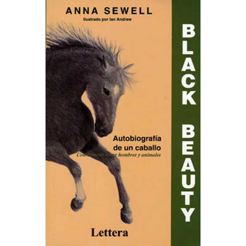 Capa de livro Black Beauty com ilustração de cavalo negro e texto em laranja e verde