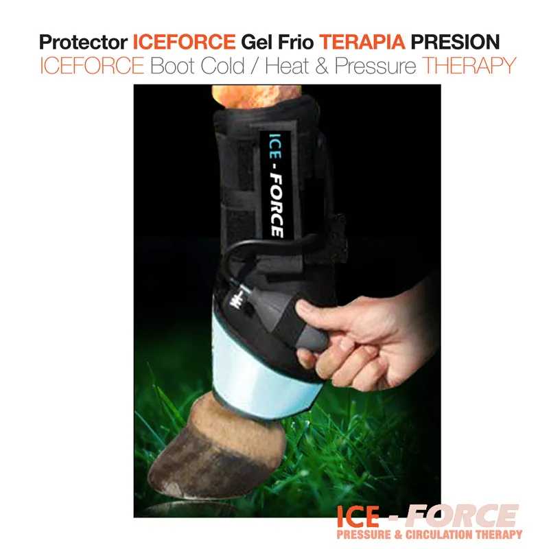 Protetor Gel Frio ICEFORCE para casco de cavalo, preto e branco, com velcros.