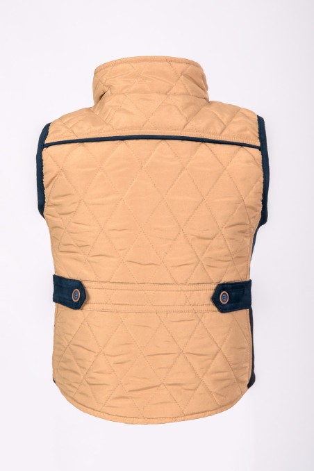 Colete acolchoado bege com detalhes azuis escuros, vista traseira