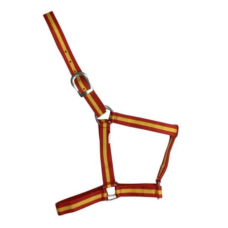 Cabresto têxtil vermelho e amarelo com fivelas metálicas