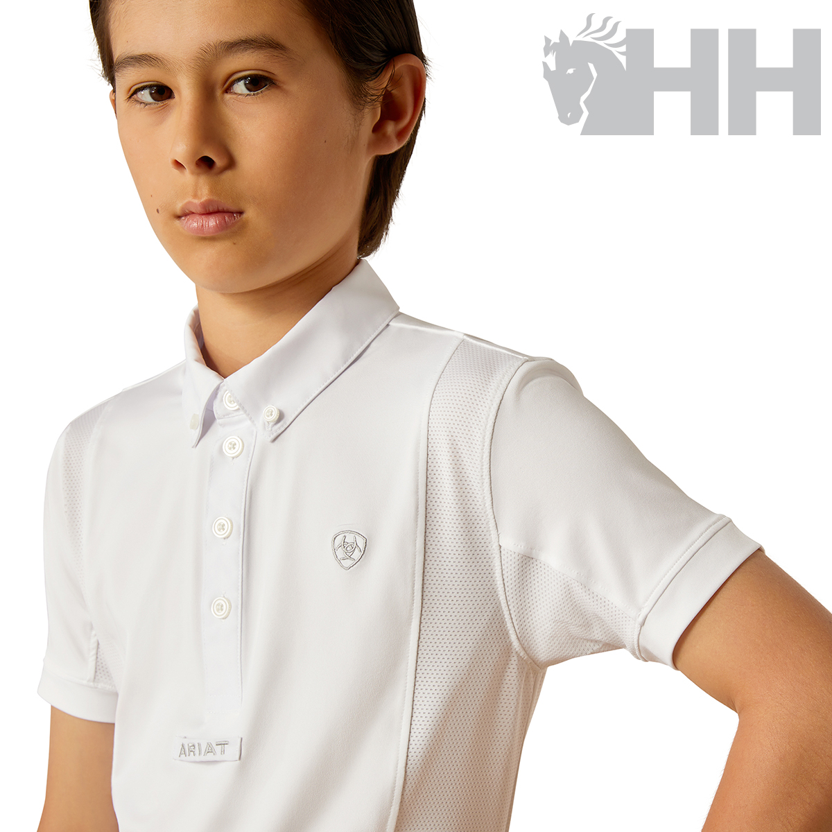 Camisola polo branca para criança com logótipo prateado no peito