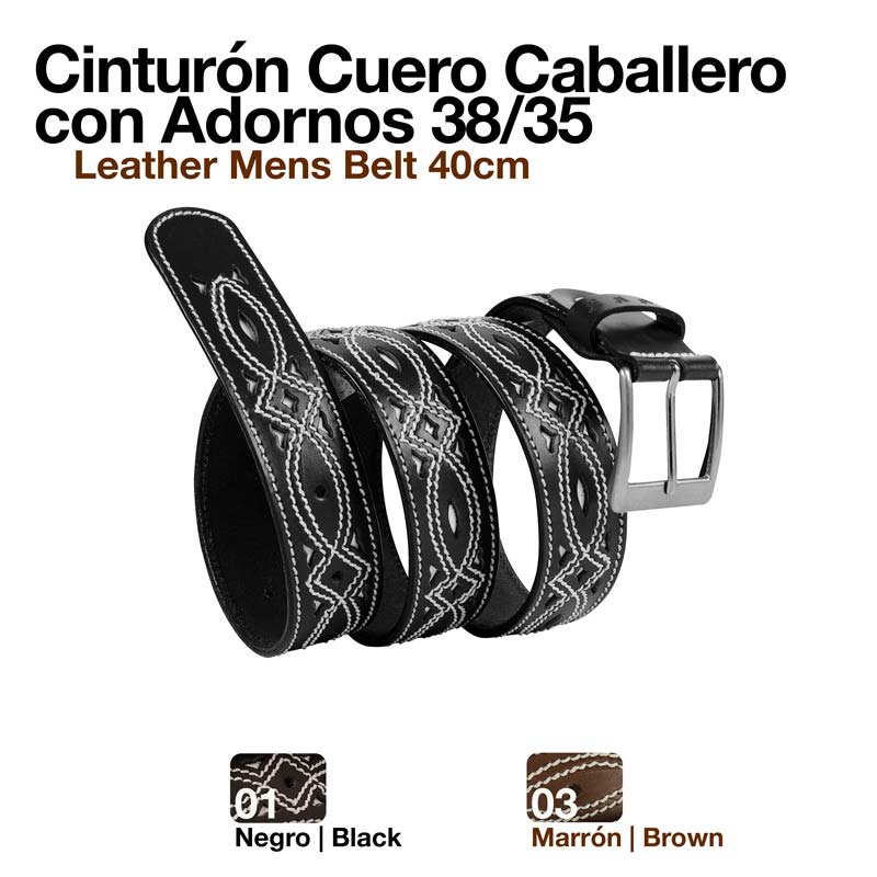 Cinto de couro preto com adornos brancos e fivela metálica