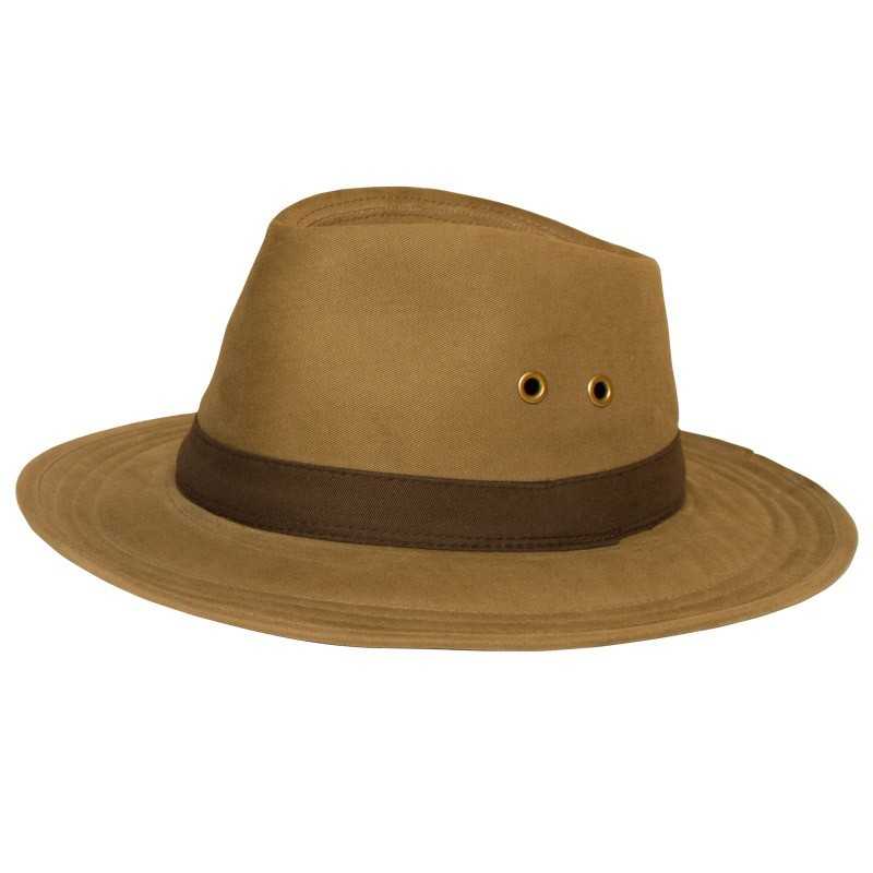 Chapéu Fedora castanho com fita castanha escura e ilhós laterais