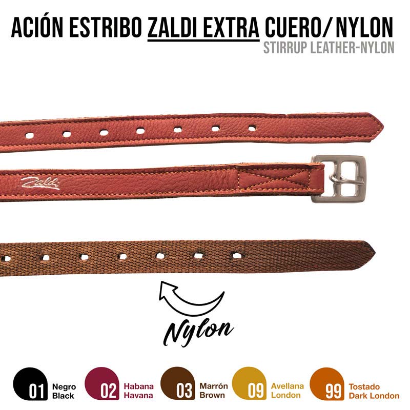 Correias para estribo em couro e nylon com fivela metálica prateada e várias cores indicadas.