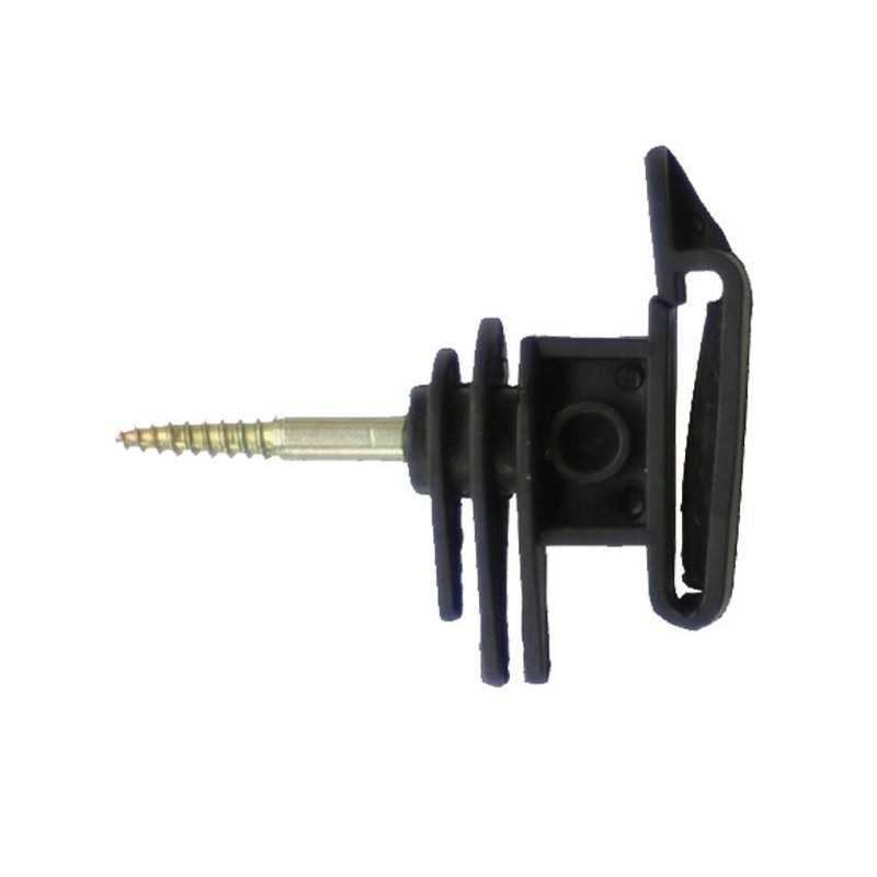 Parafuso metálico com componente plástico preto isolante em fundo branco