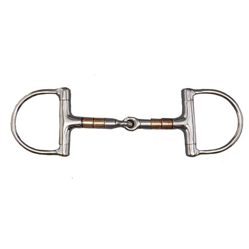Freio metálico prateado com argolas e articulação dourada para equitação