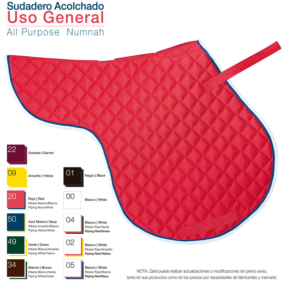 Tapete acolchoado vermelho com costura padrão diamante e bordas azuis, texto de cores e instruções