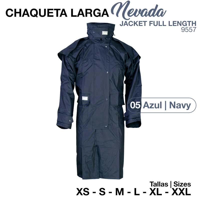 Casaco comprido largo azul navy com capuz, botões e bolsos