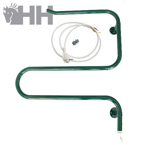 Aquecedor tubular verde em forma de S com cabo elétrico branco e logótipo HH