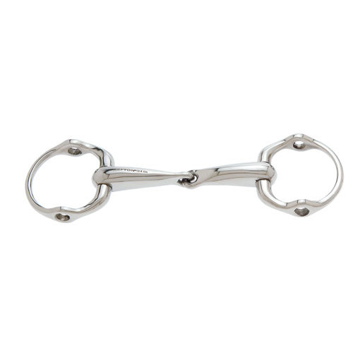 Freio equino metálico prateado com anéis ovais e peça articulada