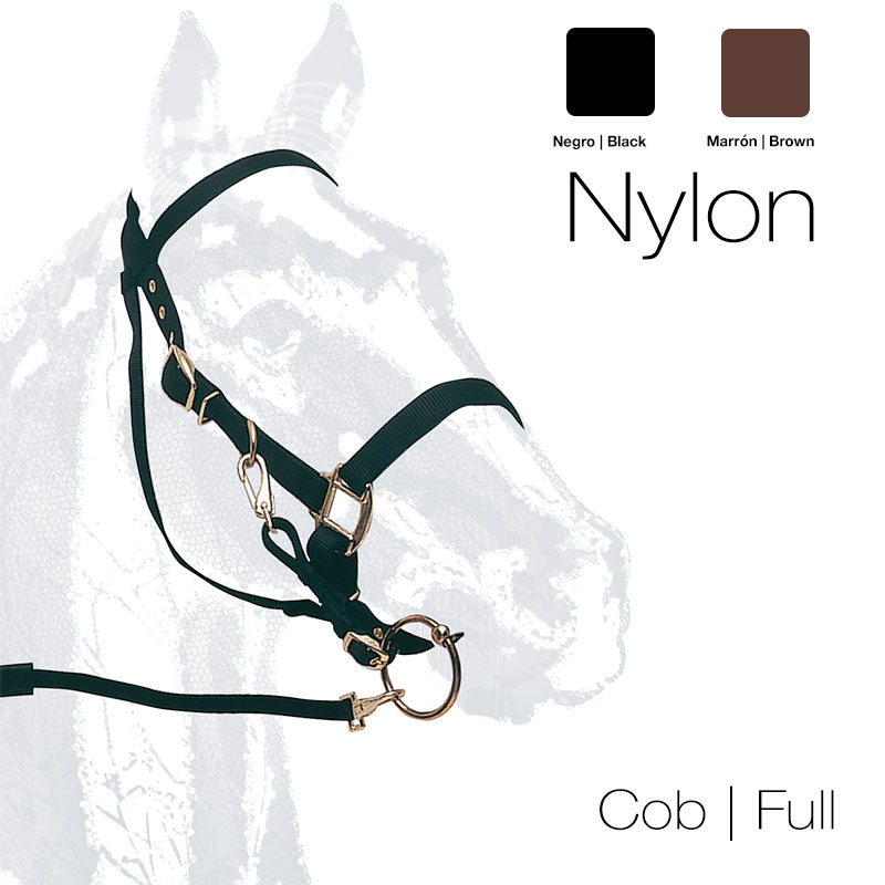 Cabresto de nylon preto com fechos dourados e desenho de cavalo cinza