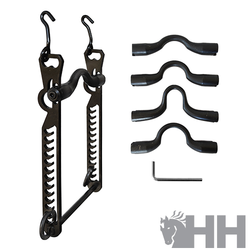 Conjunto de suporte metálico preto com barras curvas e chave allen, fundo branco