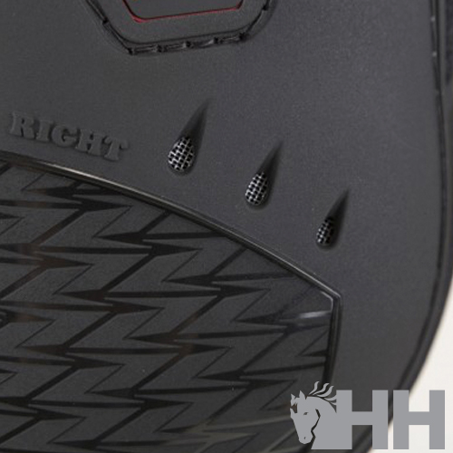 Tapete preto emborrachado com padrões geométricos e a palavra RIGHT em relevo