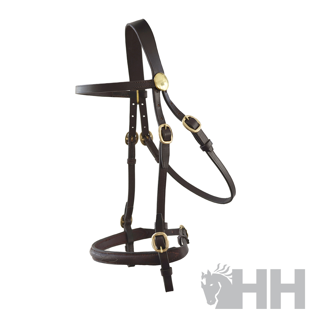 Cabresto de equitação em pele castanha com fivelas douradas