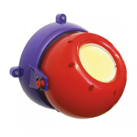 Dispositivo de alarme roxo e vermelho com área amarela central e botão lateral vermelho