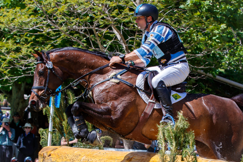 Cavaleiro a saltar obstáculo em evento equestre ao ar livre