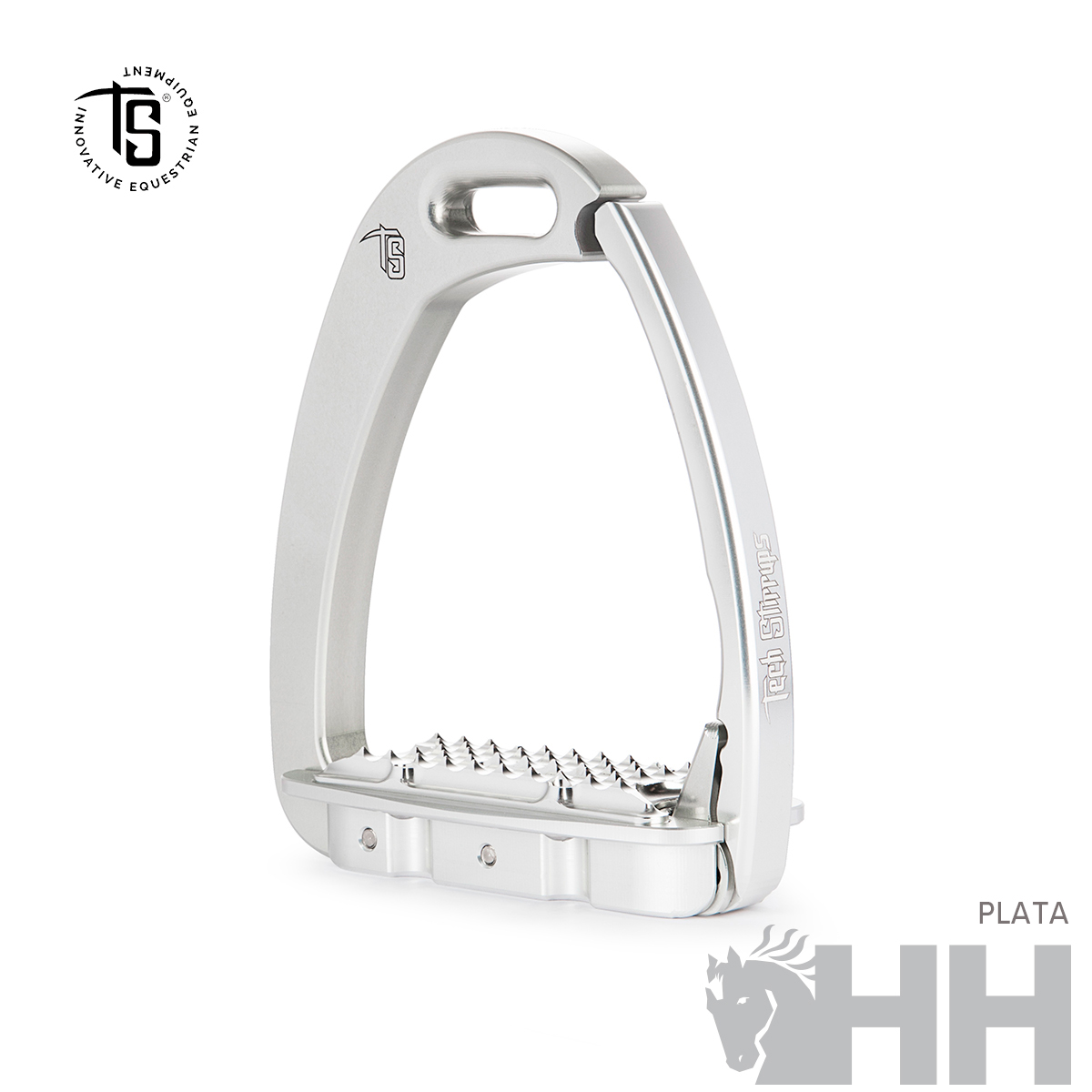 Estribo de equitação metálico prata com apoio antiderrapante e inscrições