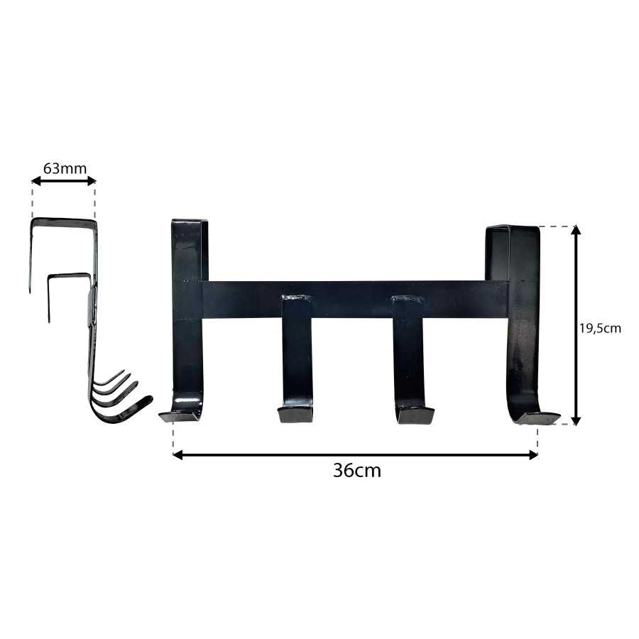 Suporte preto de metal com quatro ganchos e medidas indicadas.