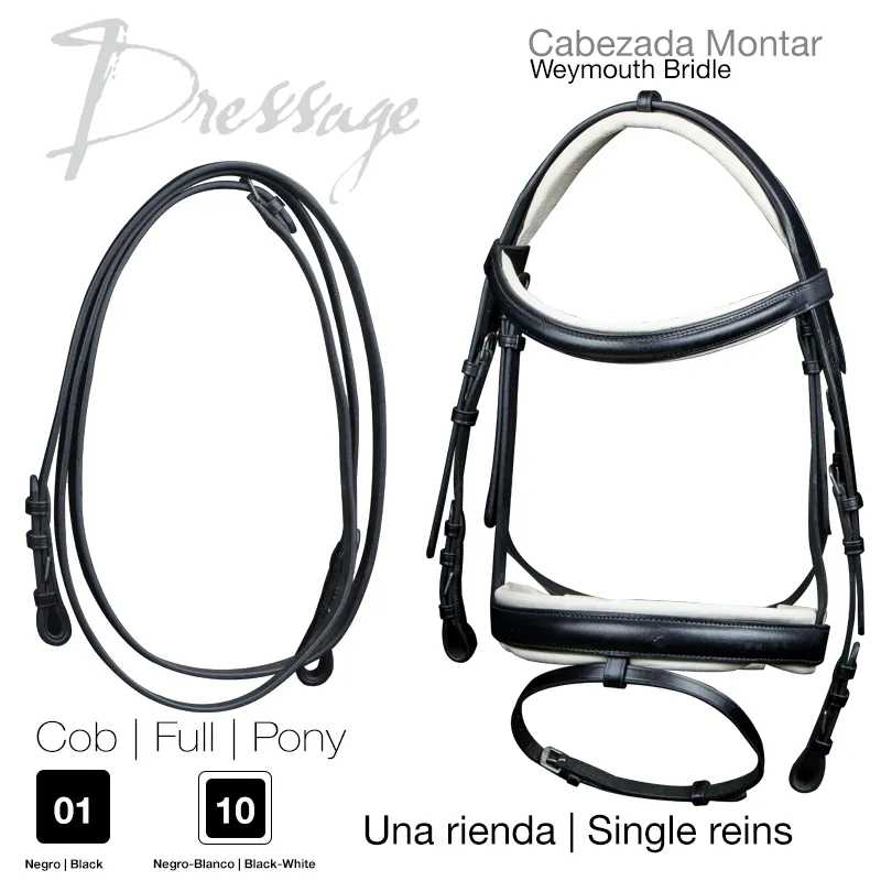Cabeçada para montar de pele preta e branca com rédea única.