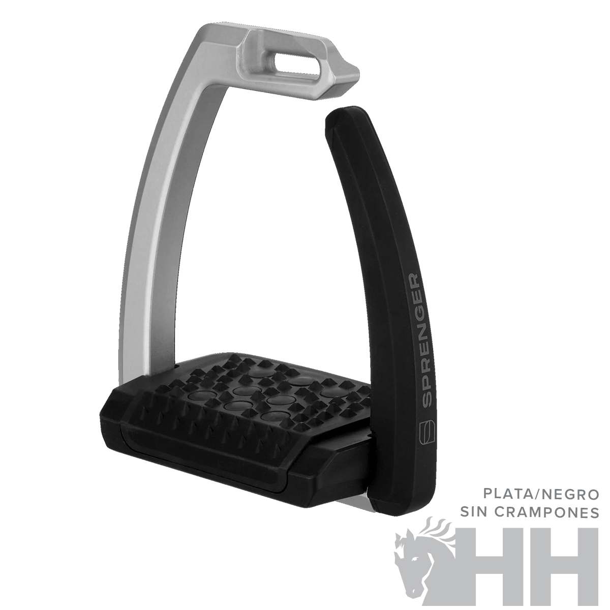 Estribo de cavalo prateado e preto com base antiderrapante e texto SPRENGER