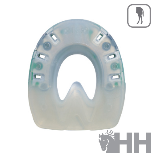 Produto plástico translúcido em forma de ferradura com logotipo HH