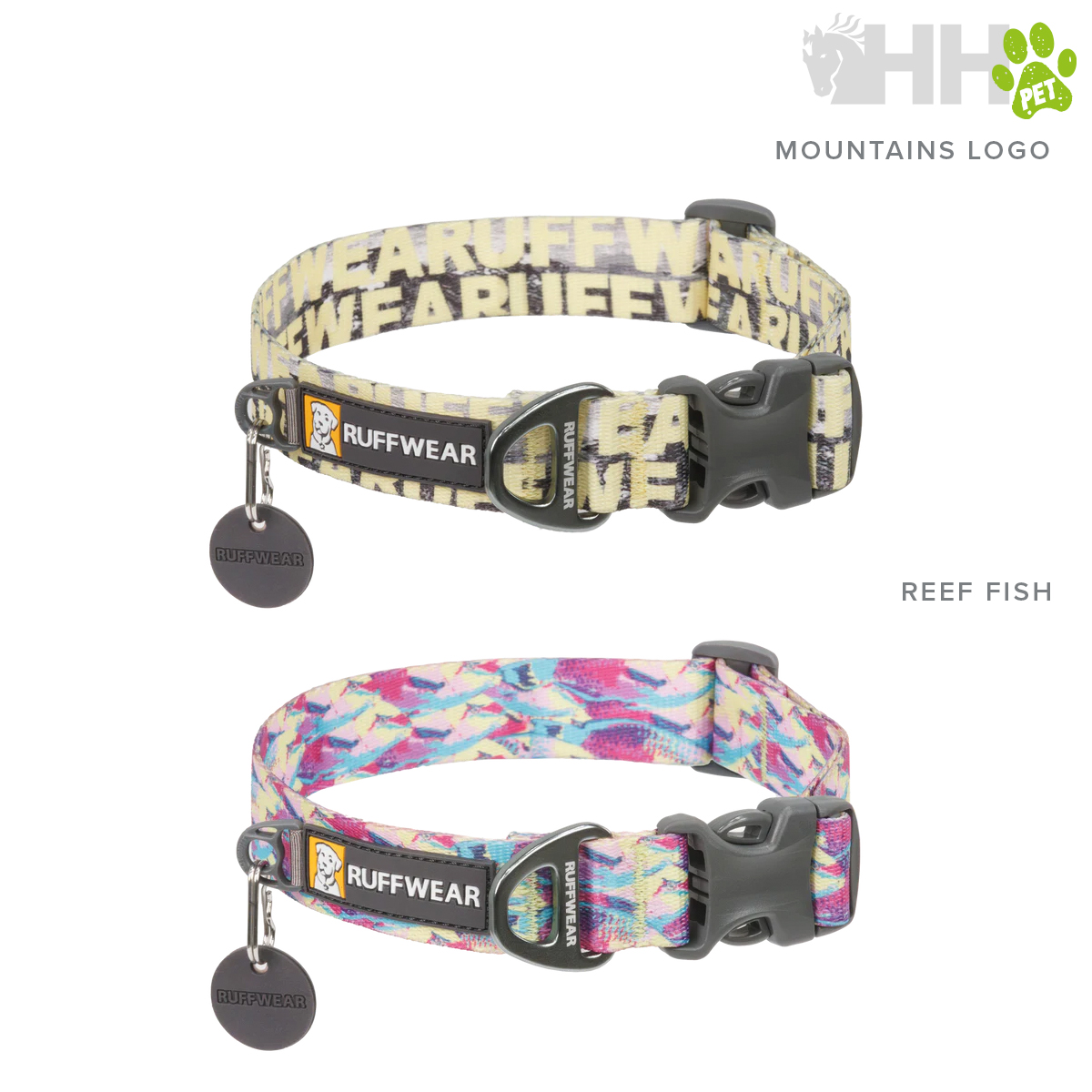 Duas coleiras para cães RUFFWEAR com padrões diferentes, uma com texto amarelo/bege e outra colorida de peixes.
