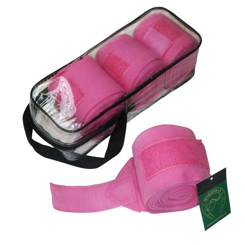Conjunto de bandagens elásticas cor-de-rosa numa bolsa transparente com alças pretas