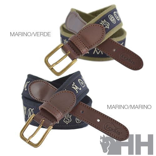 Dois cintos têxteis azul-marinho e verde e azul-marinho, com detalhes em pele castanha e fivelas douradas