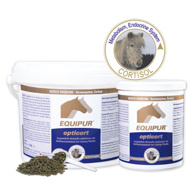 Dois recipientes de suplemento EQUIPUR opti cort com pellets e colher branca