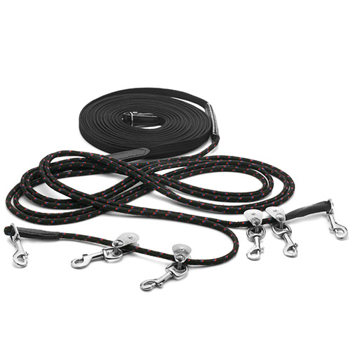 Trela e guia para cães em nylon preto com ganchos metálicos prateados