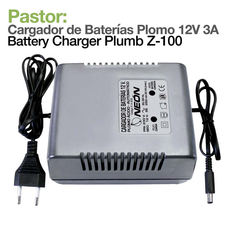 Carregador de baterias de chumbo 12V 3A cinza com cabos pretos e etiqueta branca