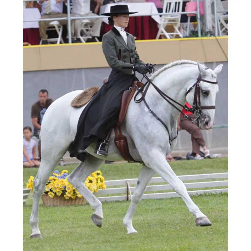 Pessoa em traje formal de equitação montada em cavalo branco numa pista com relva