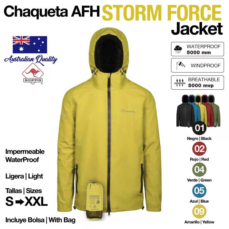Casaco impermeável amarelo AFH Storm Force com capuz e fecho frontal