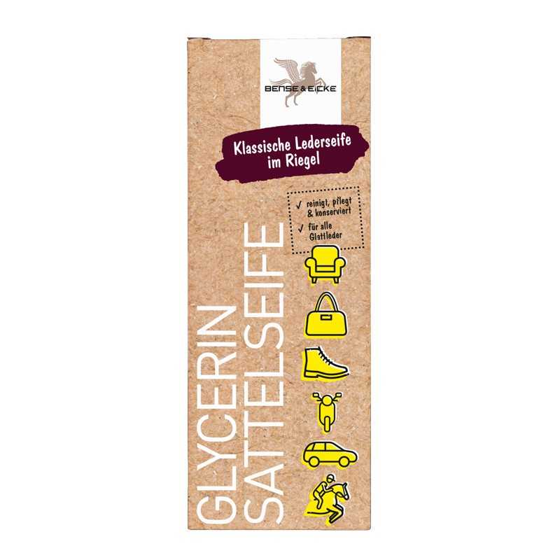 Embalagem de sabão em barra para couro com texto em alemão e ícones amarelos de aplicações