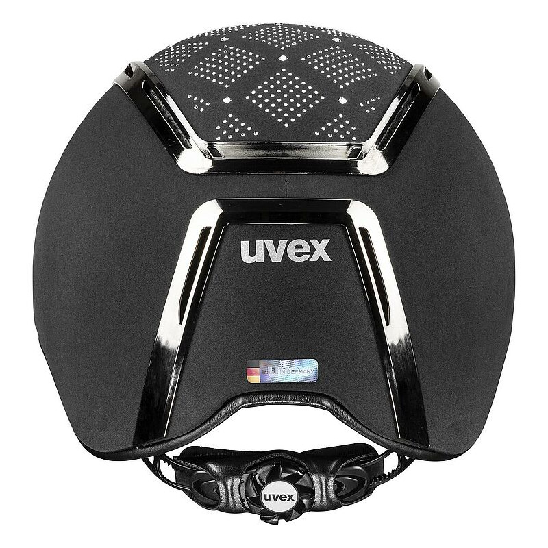 Capacete de bicicleta preto com detalhes prateados e logótipo uvex