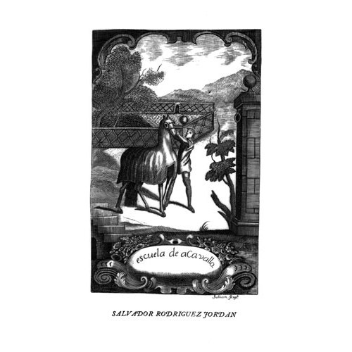 Desenho antigo preto e branco de pessoa a conduzir um cavalo com texto escuela de a caballo