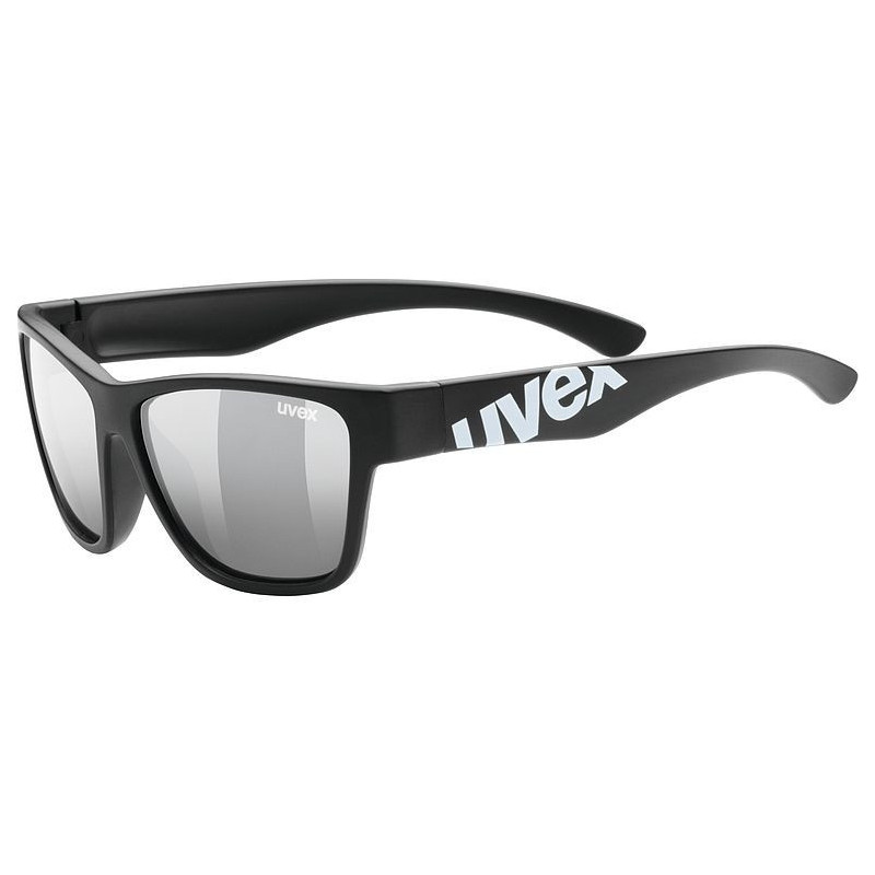 Óculos de sol com armação preta e lentes espelhadas cinza e logo UVEX branco