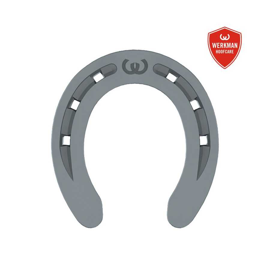 Ferradura cinza com logo W e escudo vermelho WERKMAN HOOFCARE