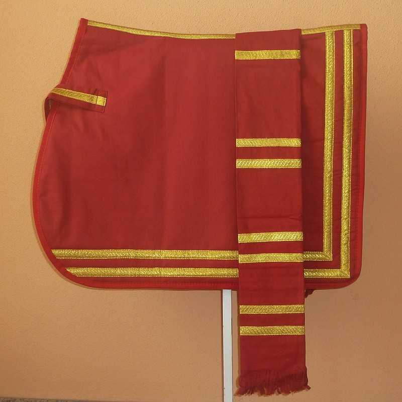 Capa vermelha com fitas douradas e textura lisa