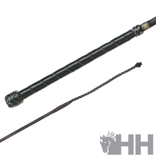 rédea de equitação preta com pega trançada em couro e correia fina trançada